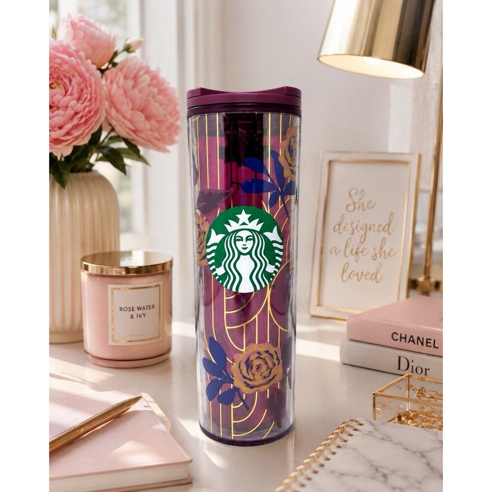 Starbucks Tumbler 16oz Travel Mug Burgundy Rose Floral Cottage Chic Logo Cup